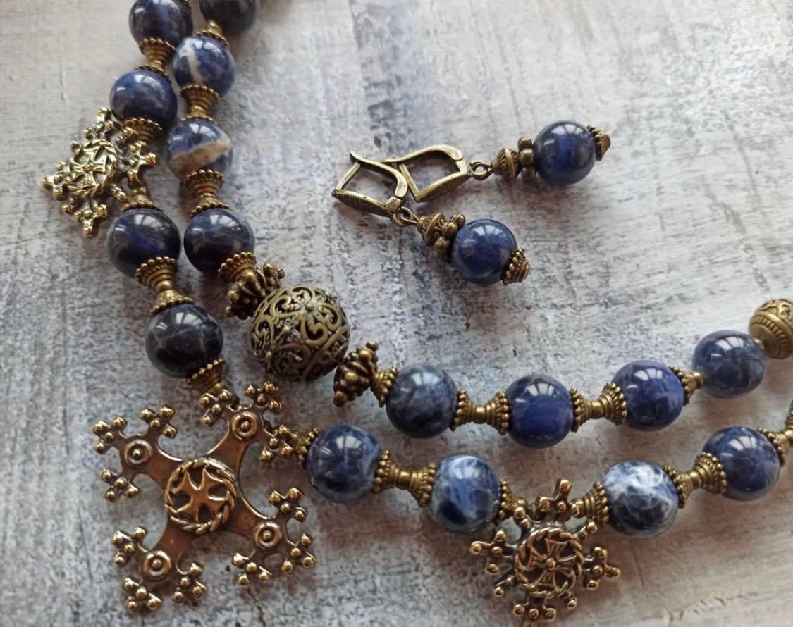 Blue Ukrainian Traditional Necklace "Magic of Ukrainian Night" - Handmade Multilayer Ceramics Jewelry