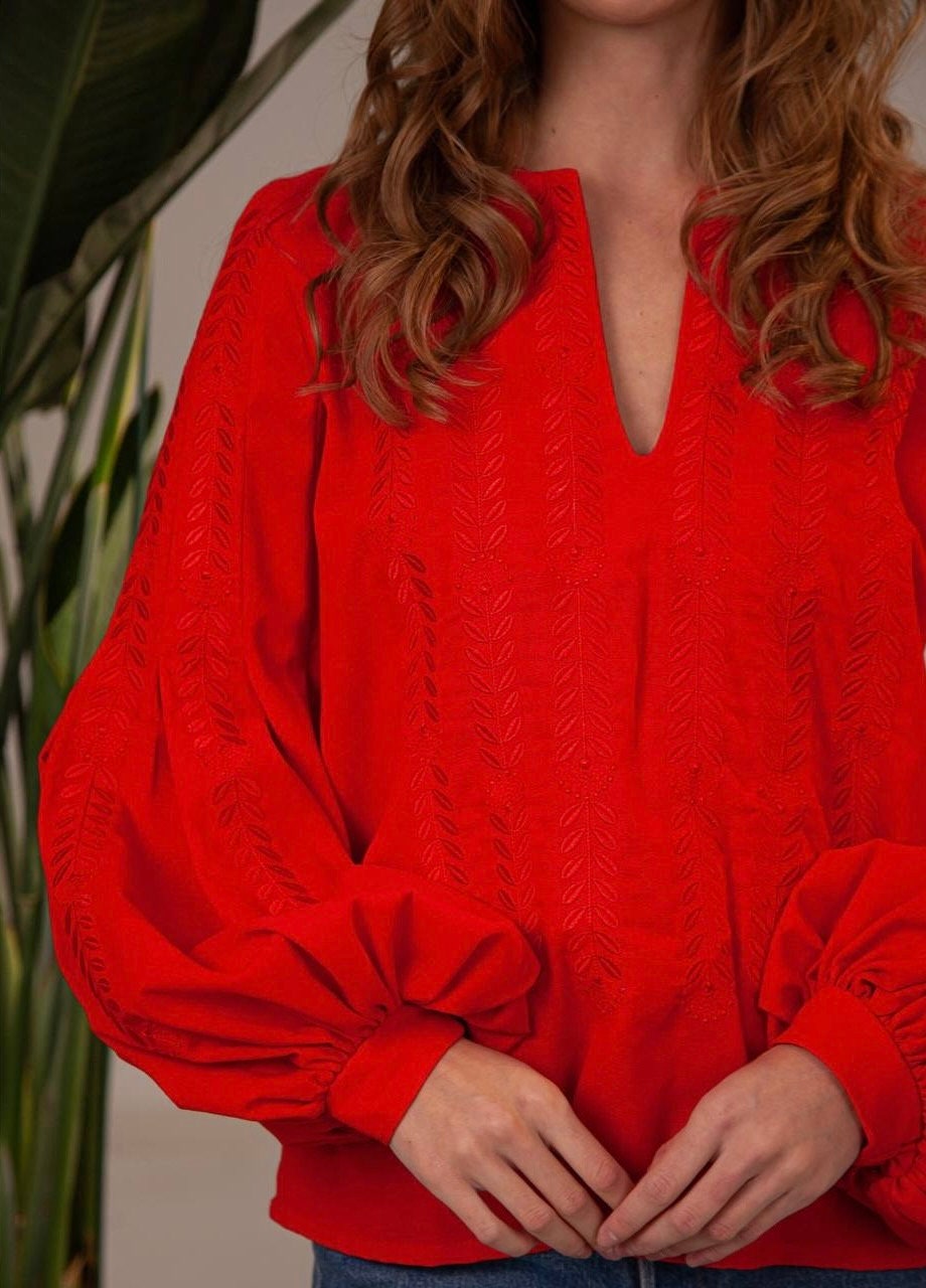 Red Ukrainian Vyshyvanka Embroidered Linen Blouse - Boho Folk Shirt