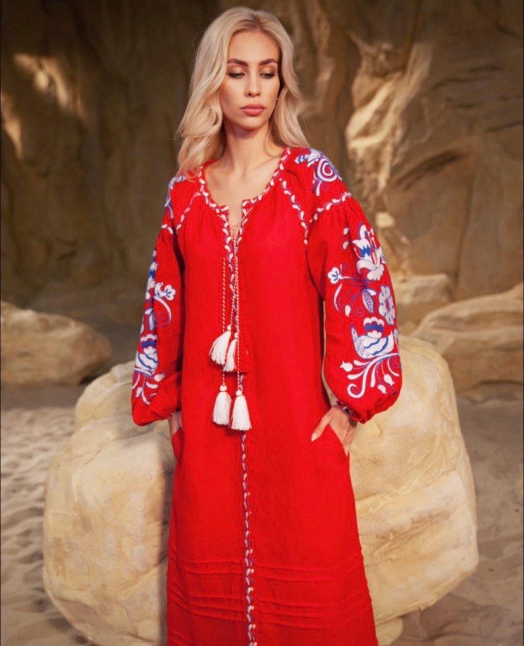 Ukrainian Vyshyvanka Linen Boho Dress - Red Folk Embroidered dress Ukraine