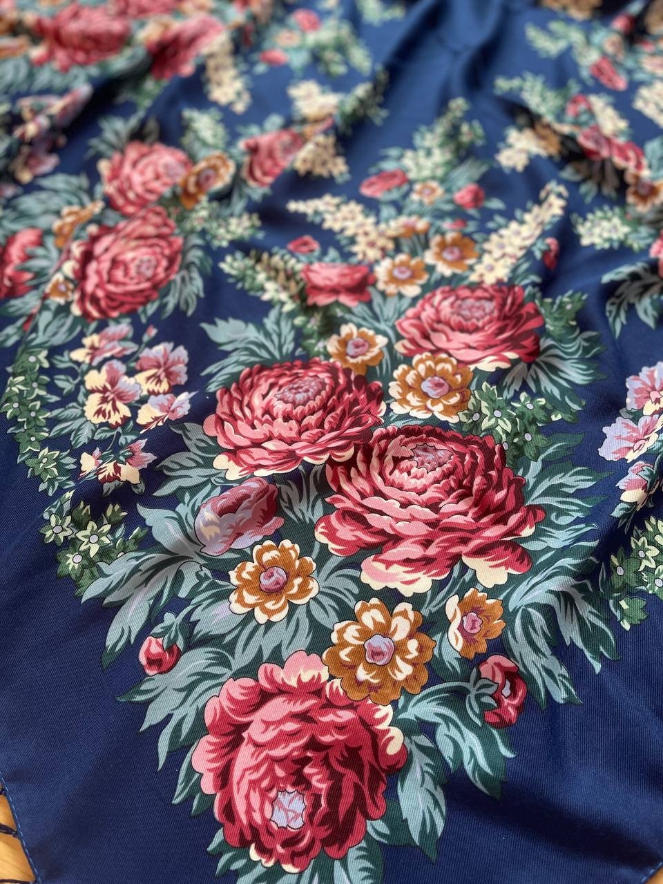 Blue Ukrainian Wool 80% Shawl - Bohemian Floral Scarf for Women, Mom, Daughter