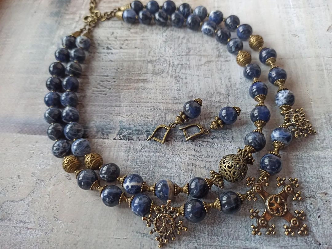 Blue Ukrainian Traditional Necklace "Magic of Ukrainian Night" - Handmade Multilayer Ceramics Jewelry