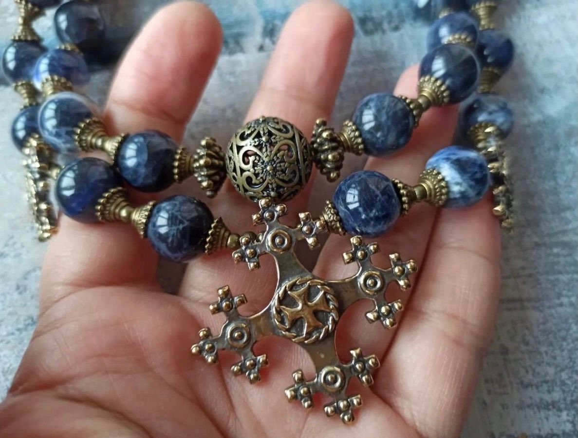 Blue Ukrainian Traditional Necklace "Magic of Ukrainian Night" - Handmade Multilayer Ceramics Jewelry