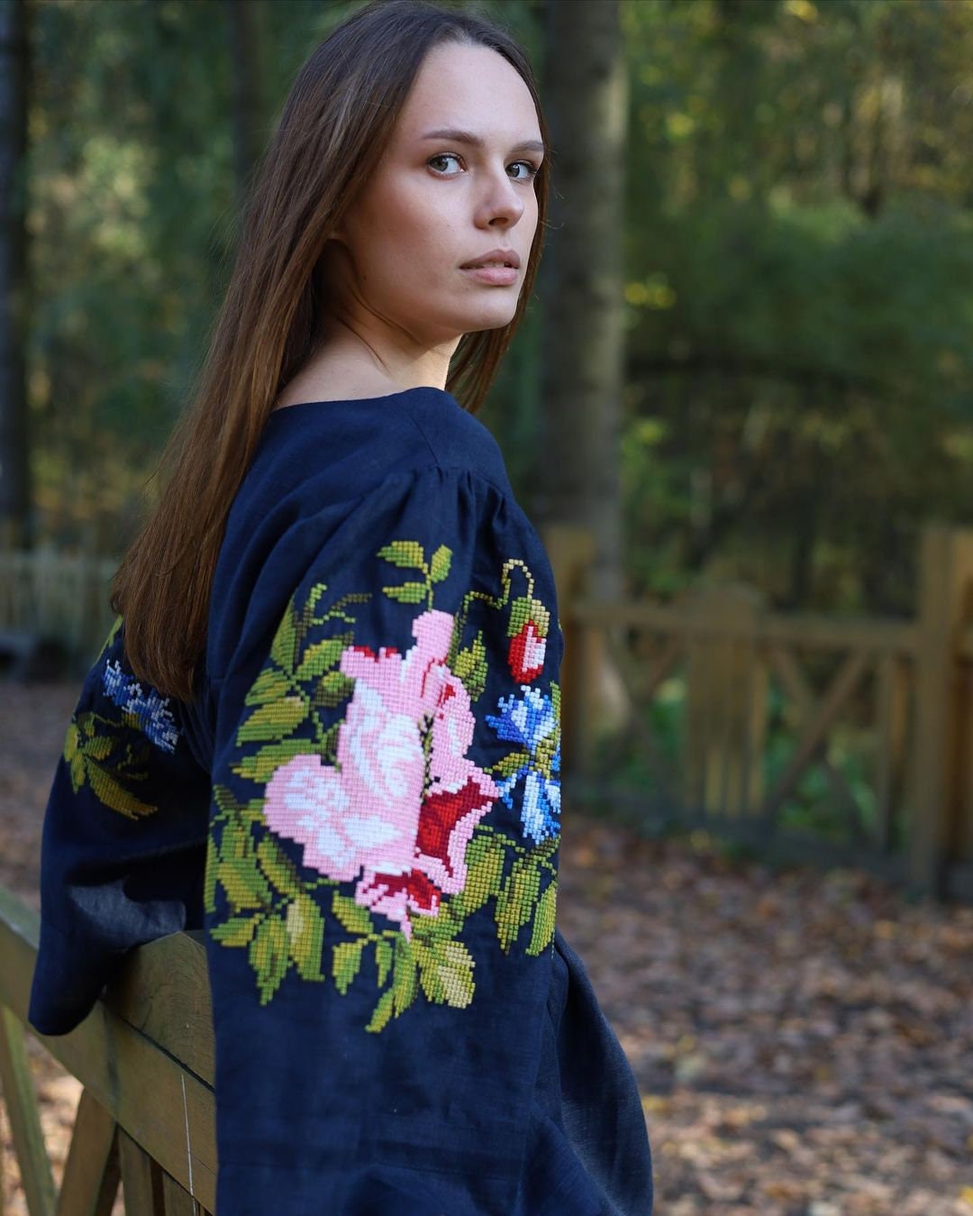 Blue Linen Embroidered Vyshyvanka Kaftan Dress - Boho Style Christmas Attire