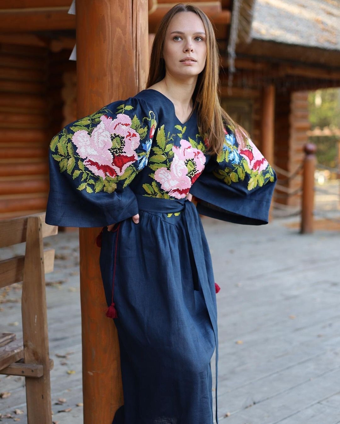 Blue Linen Embroidered Vyshyvanka Kaftan Dress - Boho Style Christmas Attire