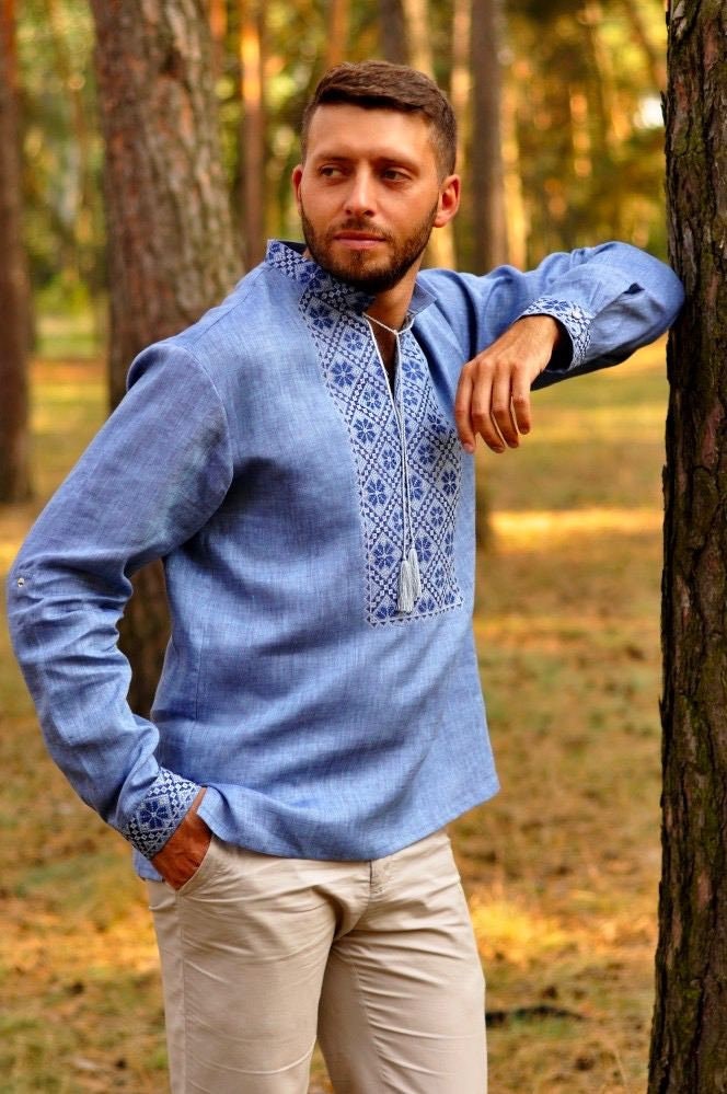 Blue Ukrainian Embroidered Linen Shirt for Men - Traditional Vyshyvanka