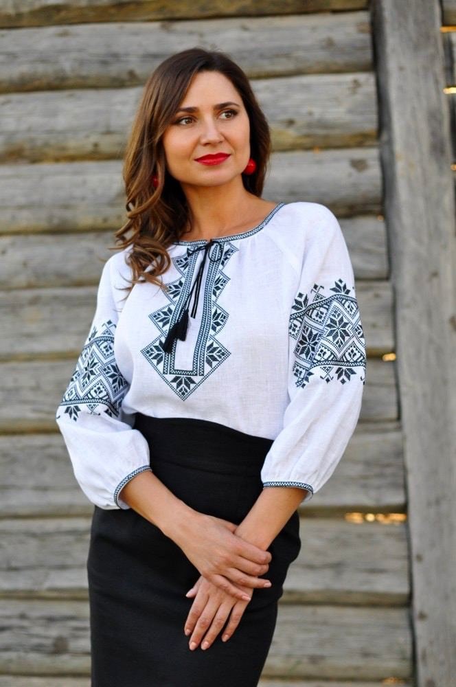Embroidered White Linen Ukrainian Vyshyvanka Blouse for Women