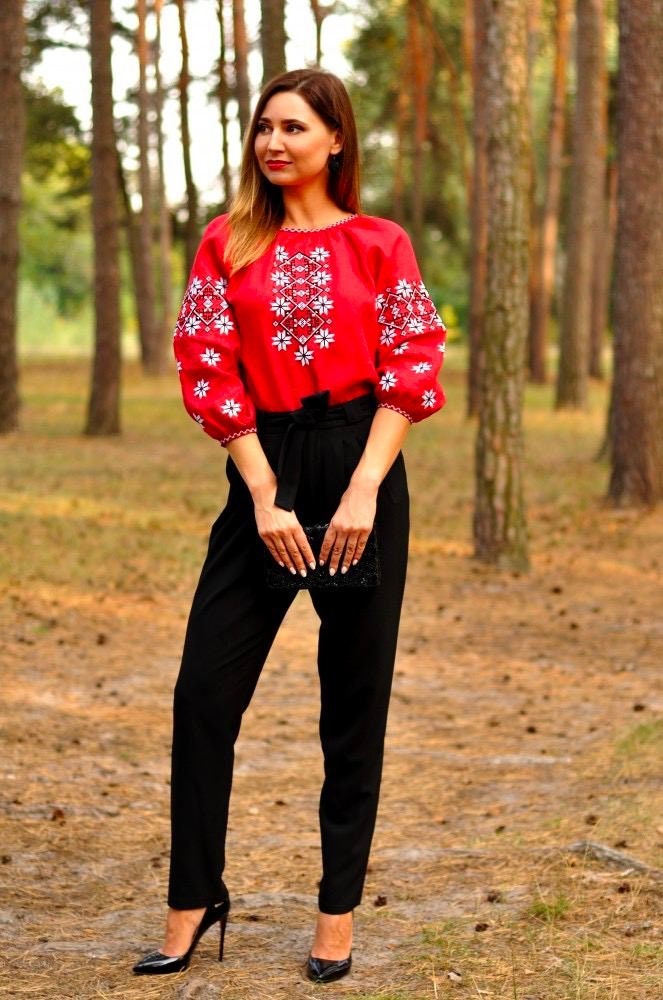Red Ukrainian Vyshyvanka Linen Blouse with White Embroidery