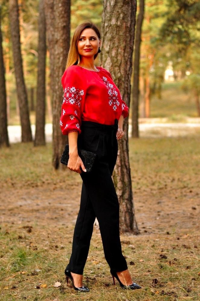 Red Ukrainian Vyshyvanka Linen Blouse with White Embroidery