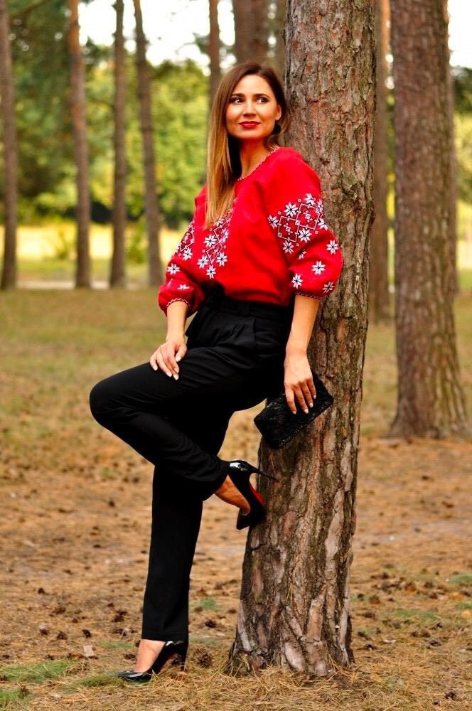 Red Ukrainian Vyshyvanka Linen Blouse with White Embroidery