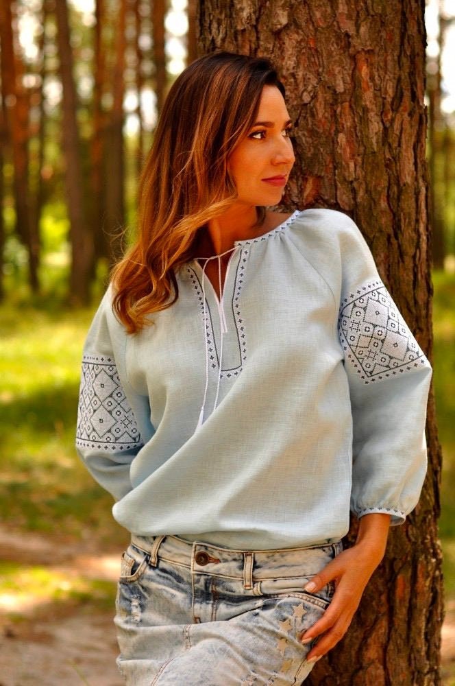 Embroidered Blue Linen Ukrainian Vyshyvanka Blouse for Women