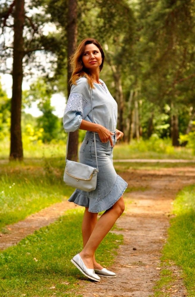 Embroidered Blue Linen Ukrainian Vyshyvanka Blouse for Women