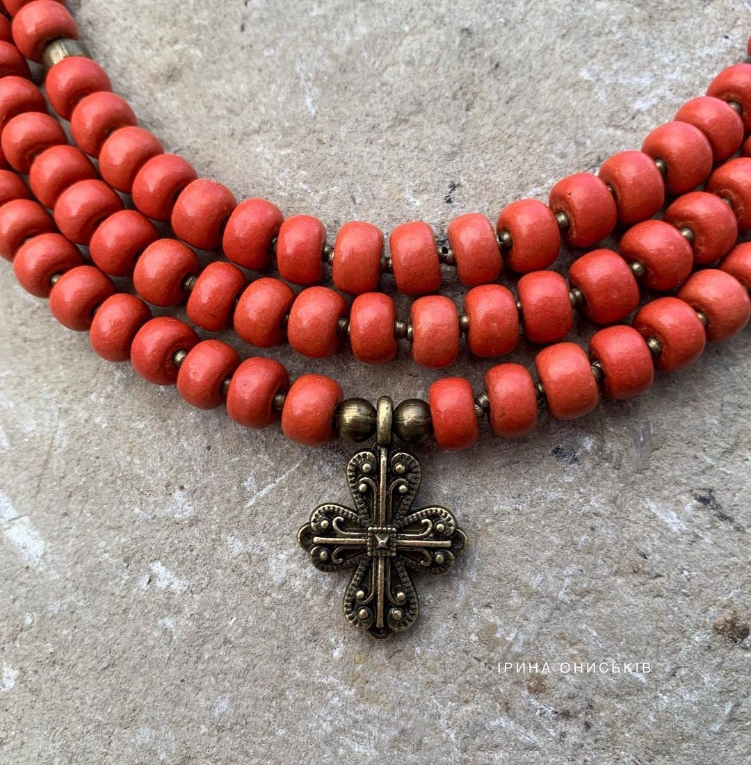 Red Ukrainian Traditional Cross Necklace - Ethnic Ceramic Beads