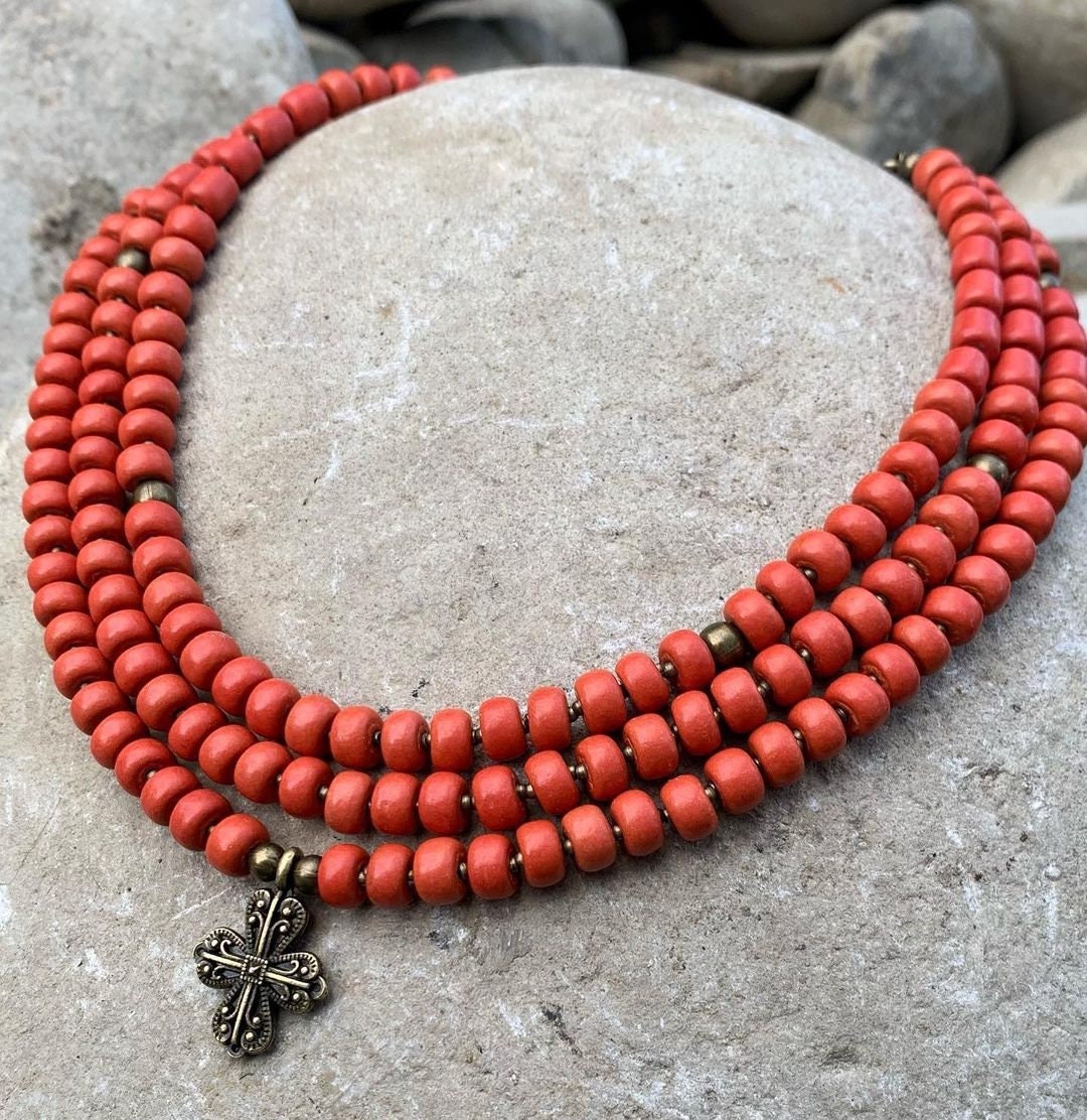 Red Ukrainian Traditional Cross Necklace - Ethnic Ceramic Beads
