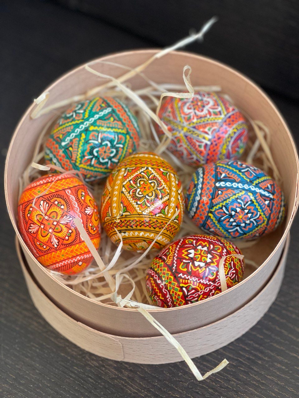 Handmade Ukrainian Pysanky Set: 6 Wooden Eggs in Decorative Box - Christmas Ornament Souvenir