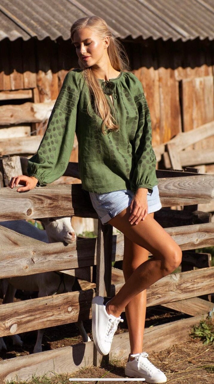 Green Linen Ukrainian Vyshyvanka Blouse Embroidered Women's Top