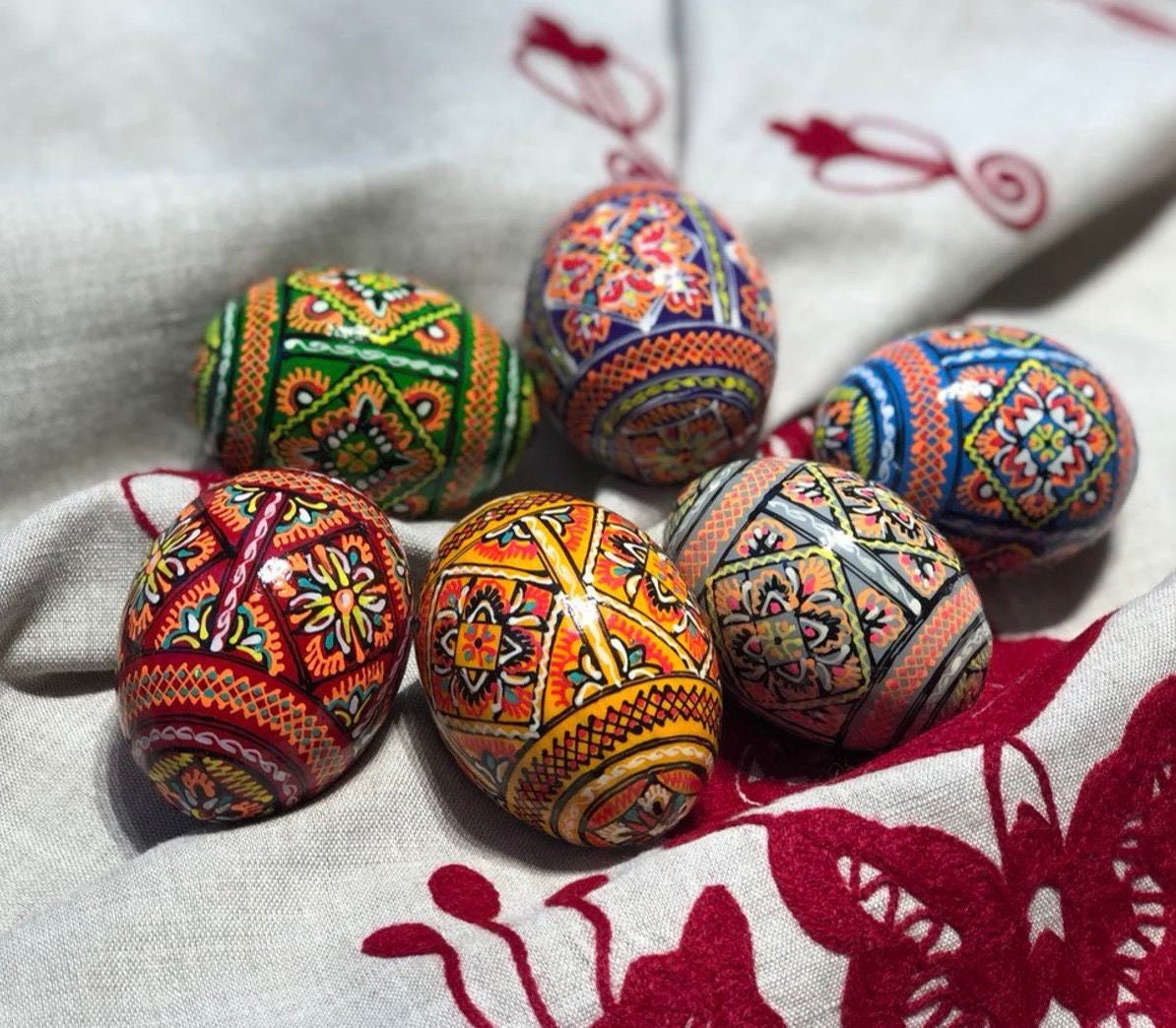 Set of 6 Handcrafted Ukrainian Easter Pysanky Eggs - Traditional Decor & Folk Art