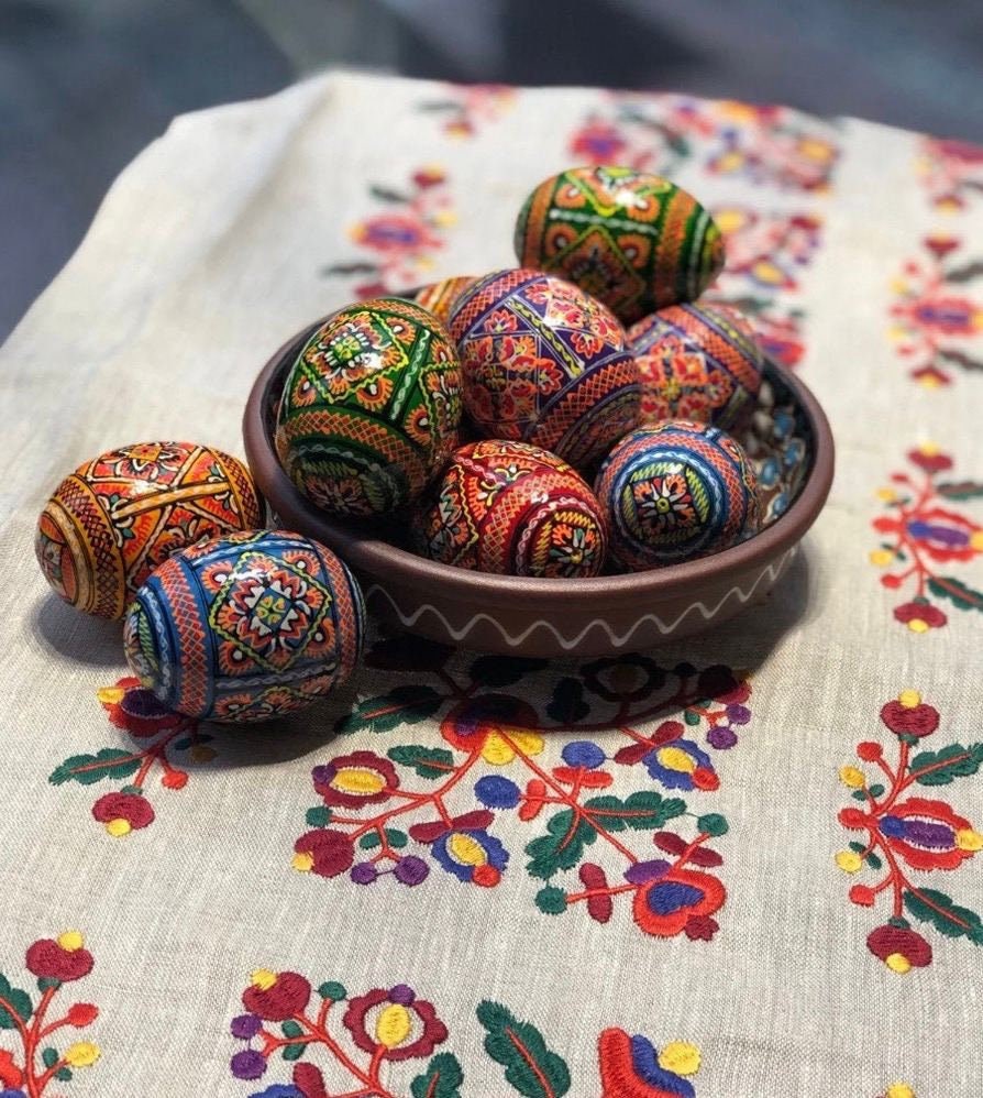 Handmade Set of 12 Pysanky Floral Wooden Eggs - Ukrainian Hand-Painted Ornaments