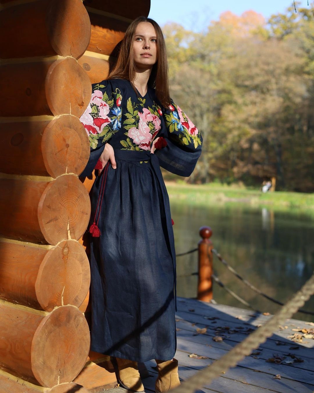 Blue Linen Embroidered Vyshyvanka Kaftan Dress - Boho Style Christmas Attire