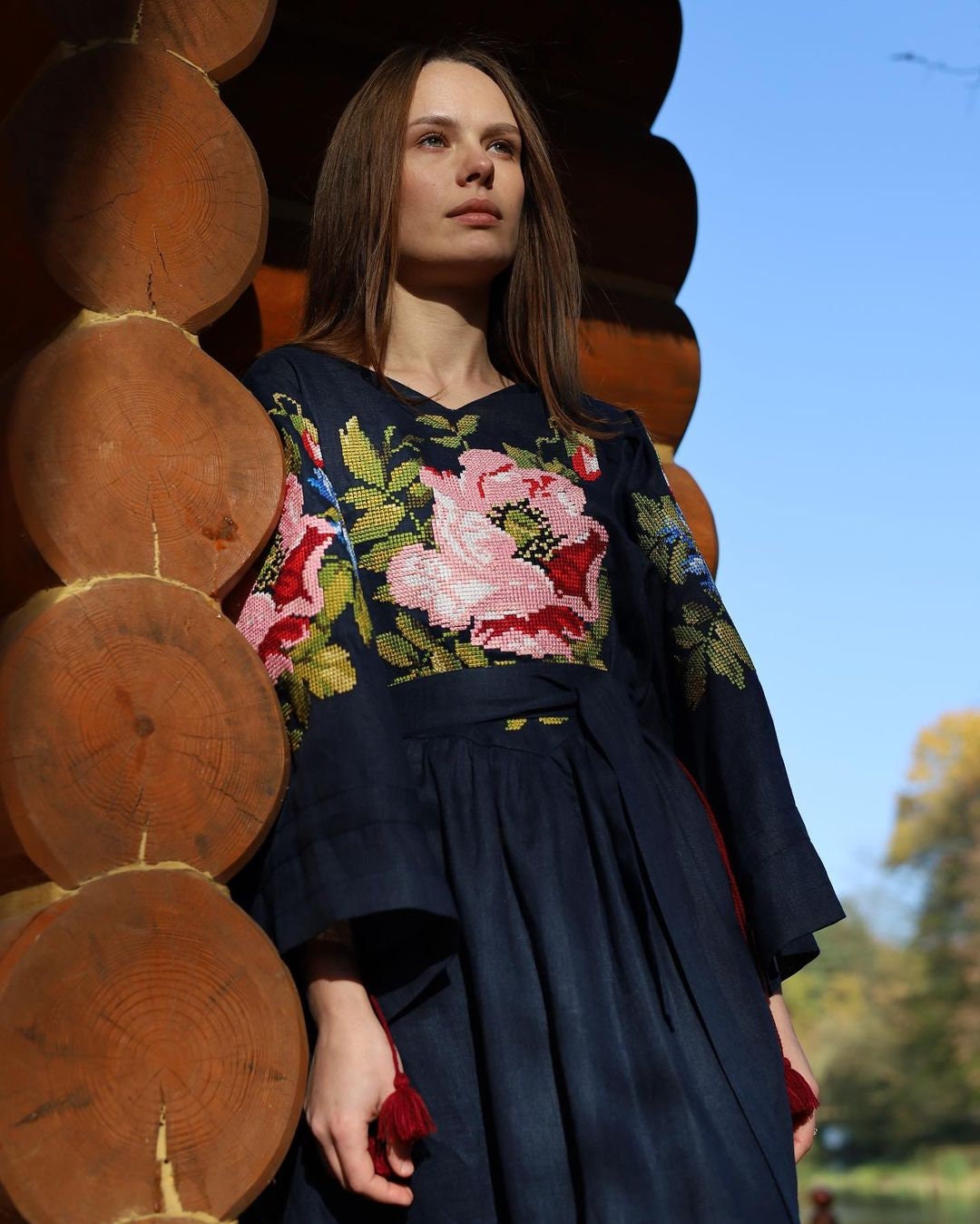 Blue Linen Embroidered Vyshyvanka Kaftan Dress - Boho Style Christmas Attire