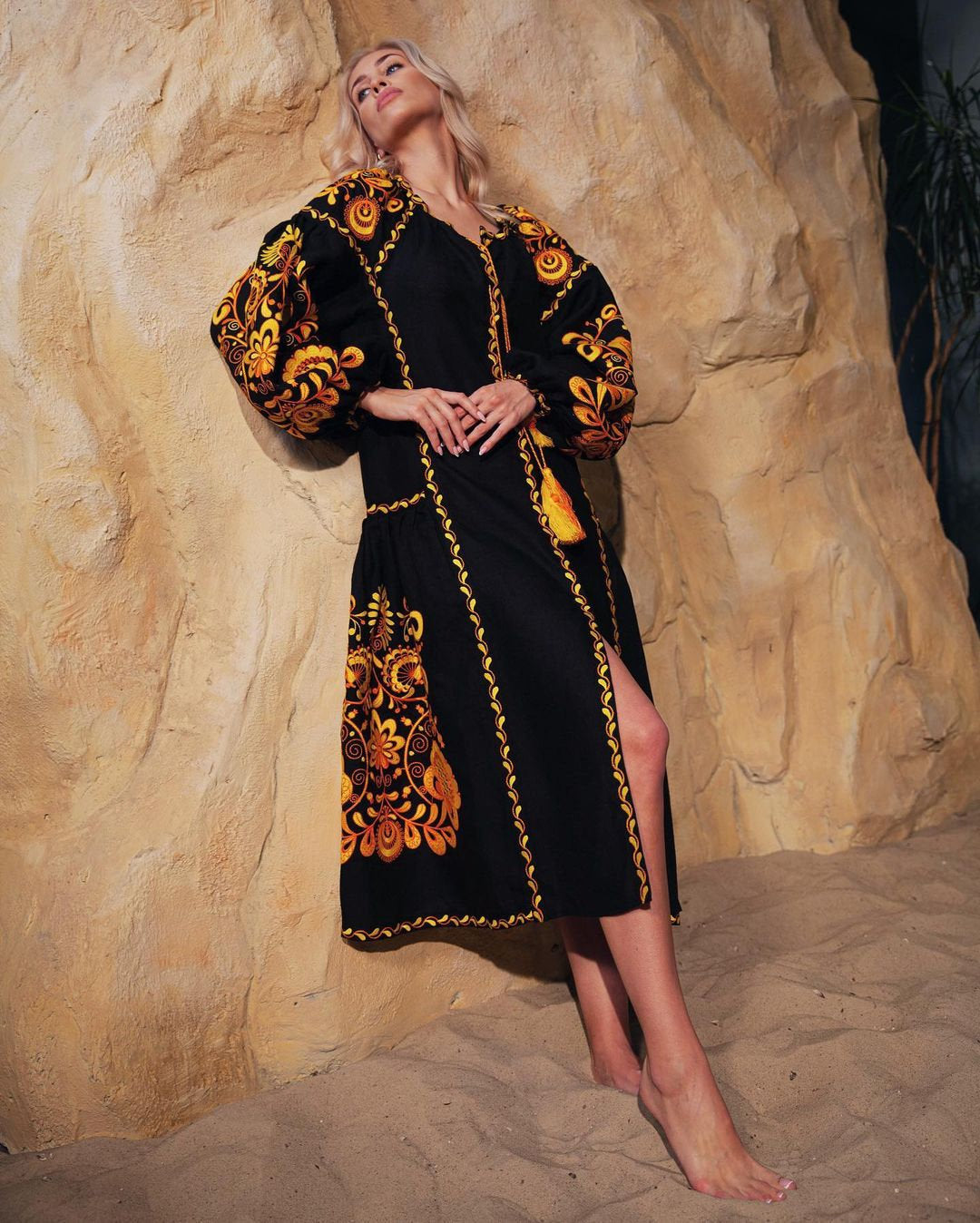 Boho Ukrainian Vyshyvanka Black Linen Embroidered Dress Kaftan