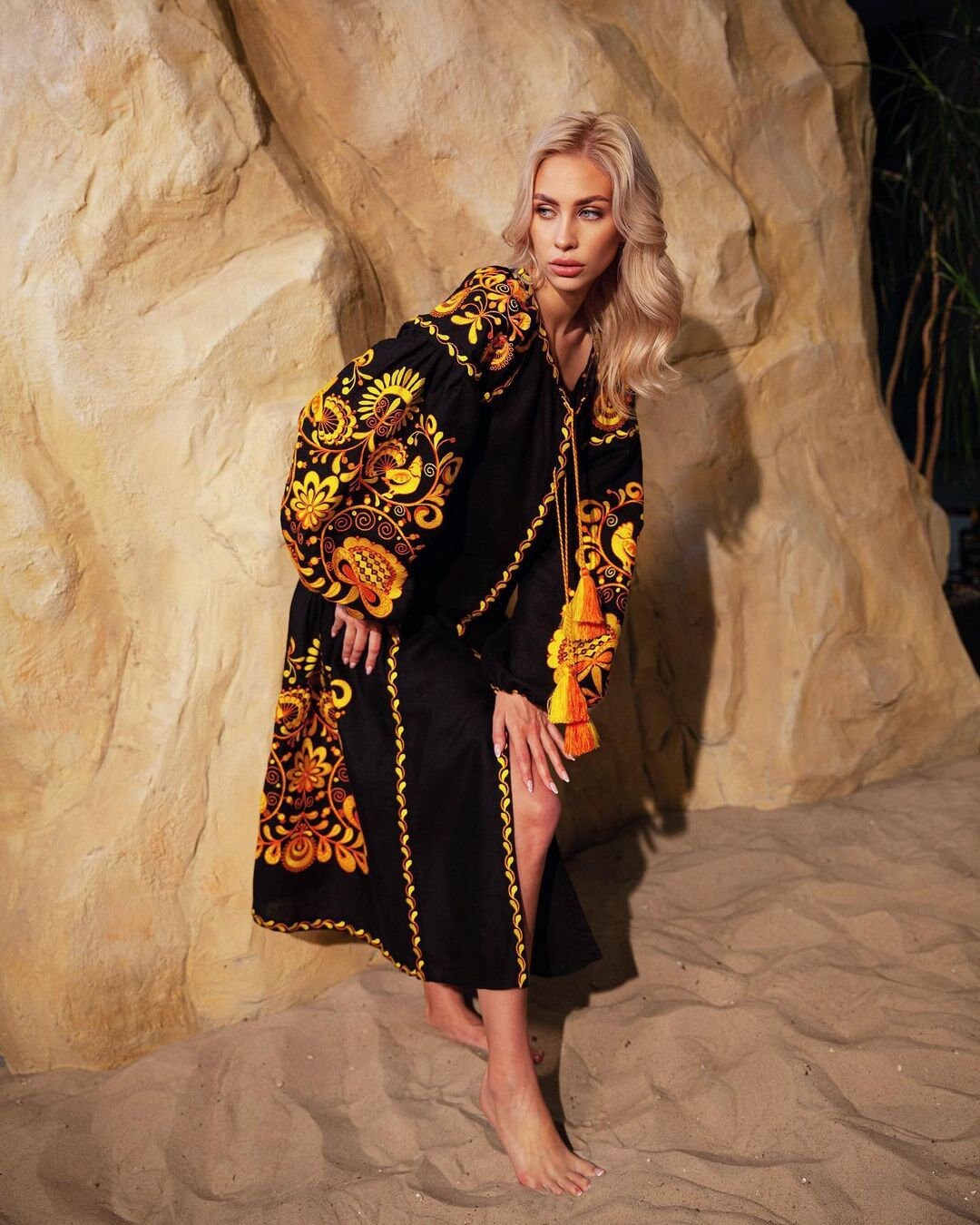 Boho Ukrainian Vyshyvanka Black Linen Embroidered Dress Kaftan