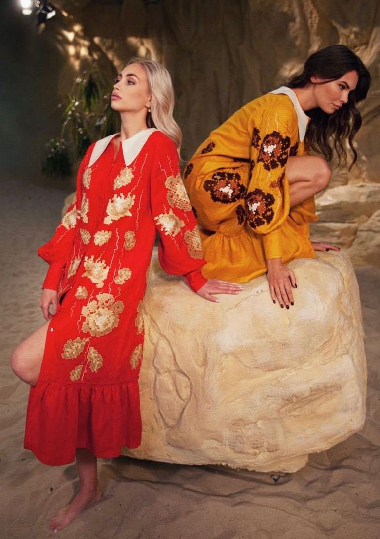 Yellow Linen Wedding Dress, Ukrainian Vyshyvanka Boho Style