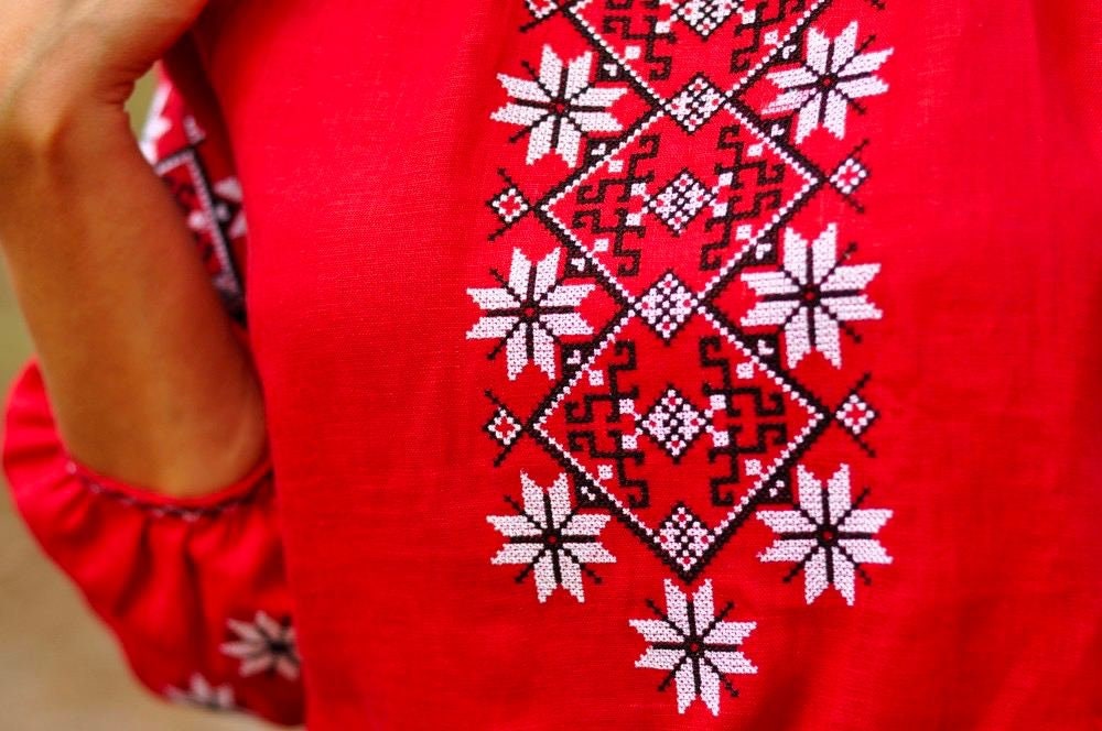 Red Ukrainian Vyshyvanka Linen Blouse with White Embroidery