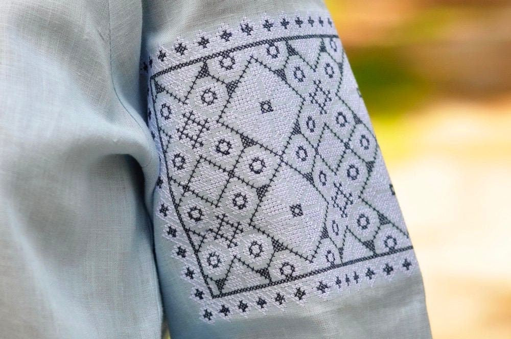 Embroidered Blue Linen Ukrainian Vyshyvanka Blouse for Women