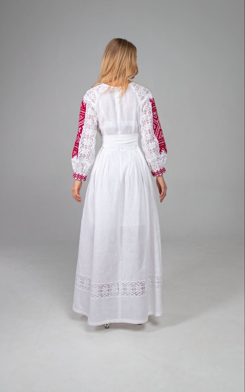 White Maxi Ukrainian Vyshyvanka Embroidered Linen Dress for Women
