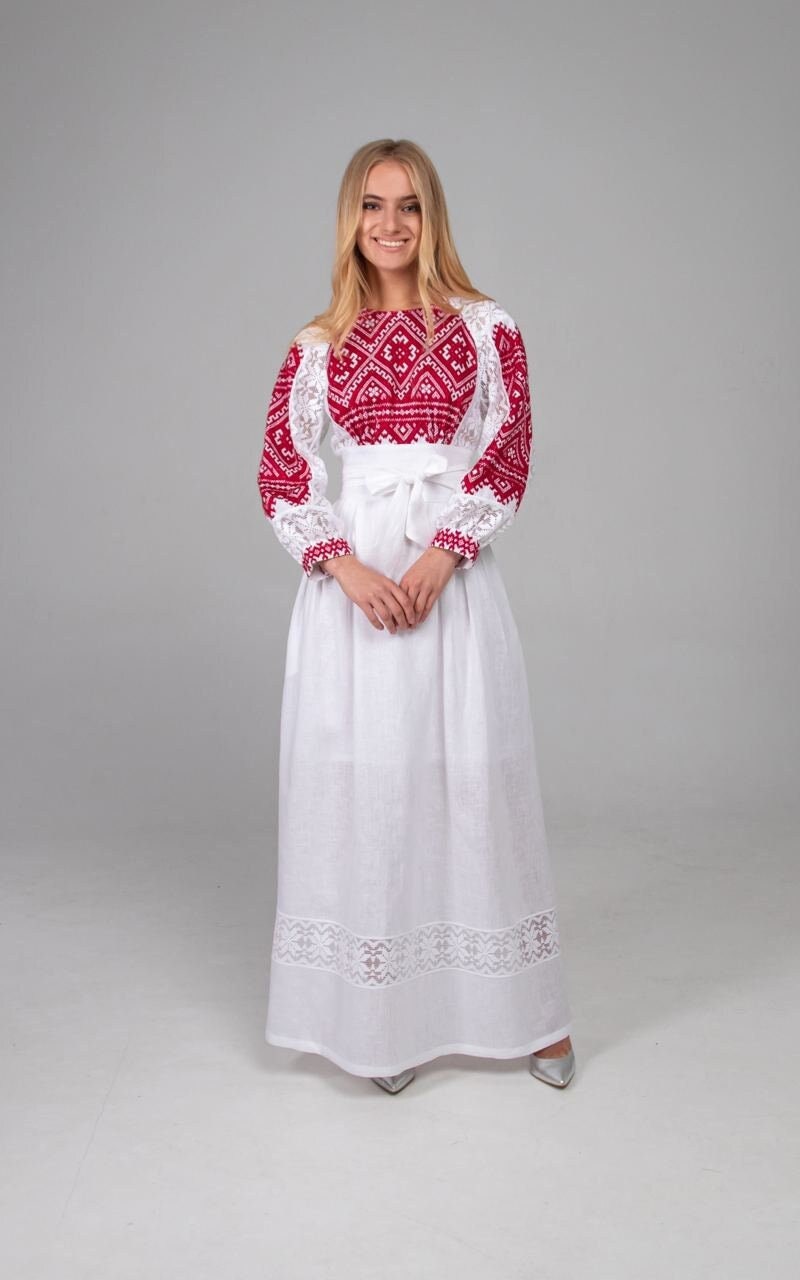 White Maxi Ukrainian Vyshyvanka Embroidered Linen Dress for Women
