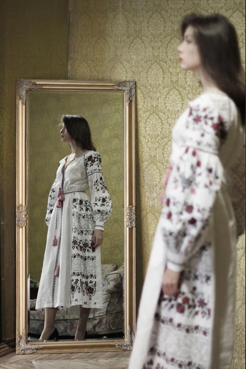 Exclusive White Embroidered Ukrainian Vyshyvanka Linen Dress for Women