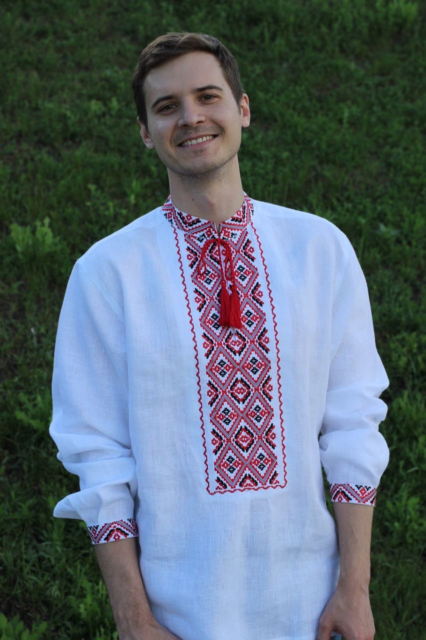 Traditional Ukrainian Vyshyvanka Men's Embroidered Shirt with Red Detail