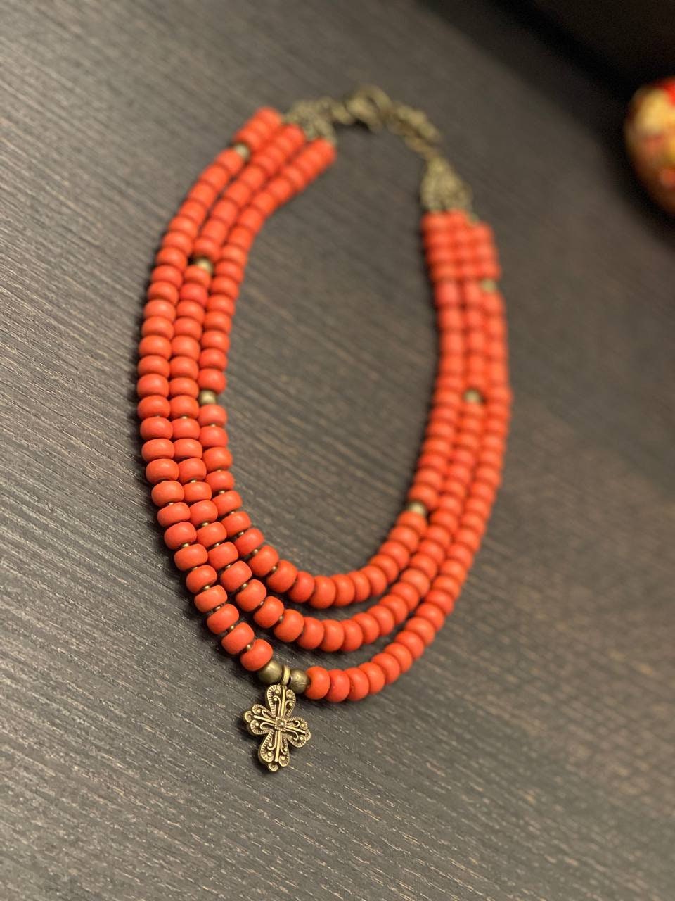 Red Ukrainian Traditional Cross Necklace - Ethnic Ceramic Beads