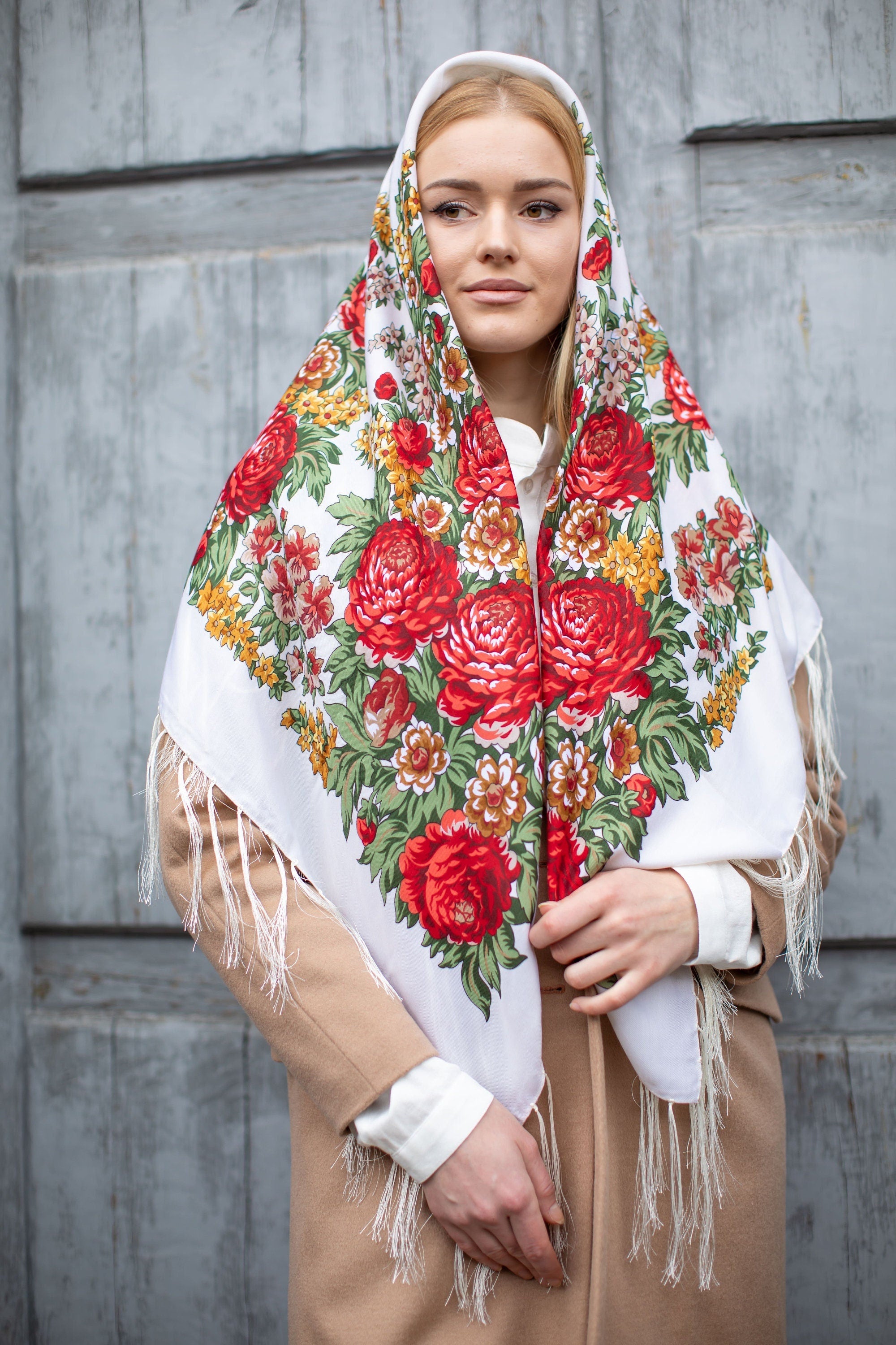 Traditional Ukrainian Wool Shawl - White with Red Floral Scarf for Women