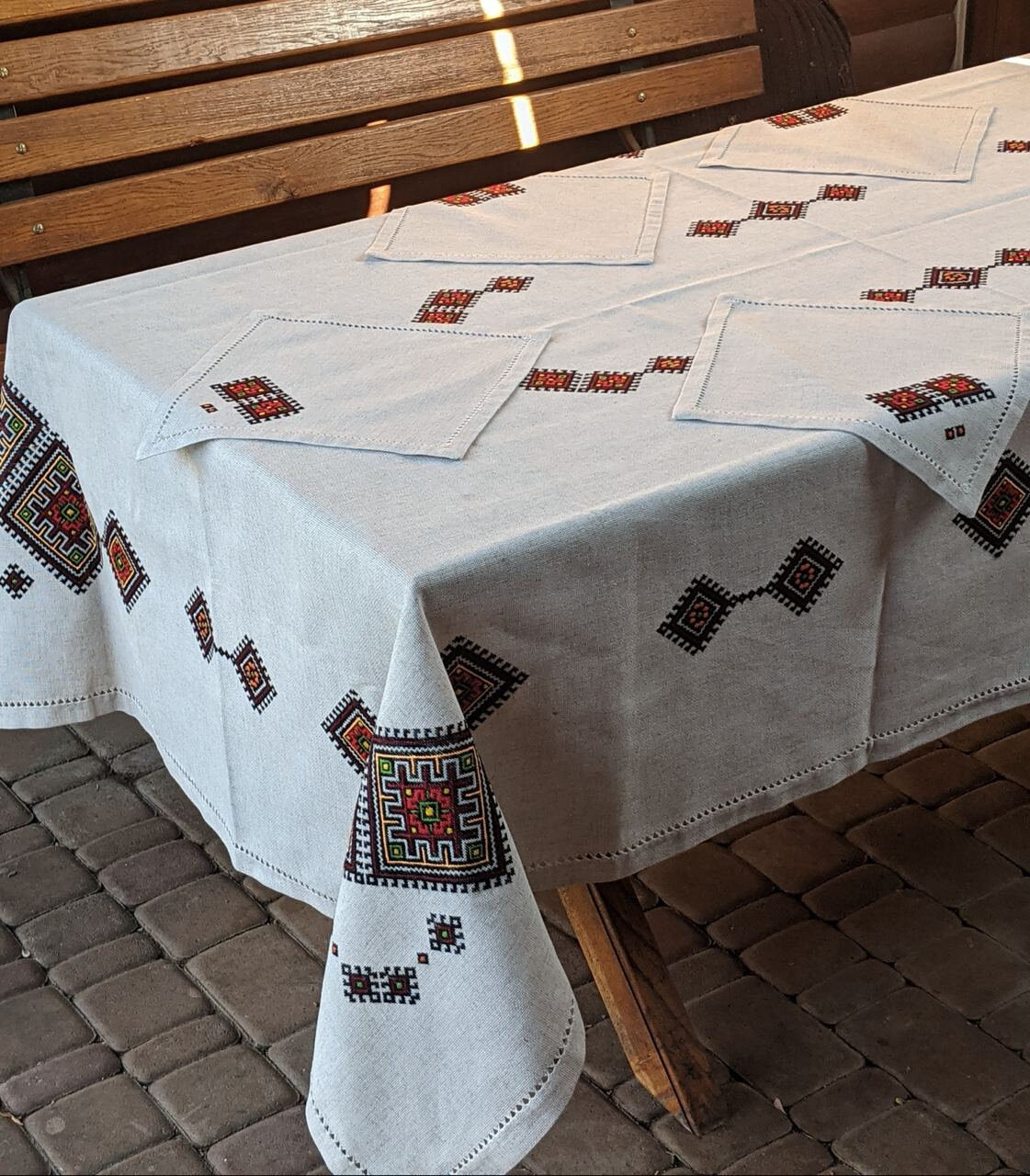 Handmade Ukrainian Embroidered Tablecloth 150x150 CM - Traditional Ethno Design