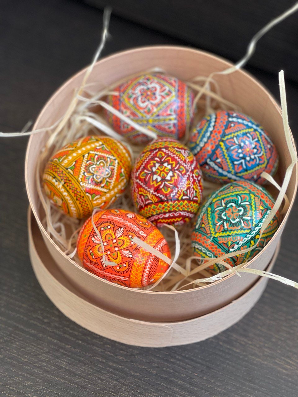 Set of 6 Hand-Painted Ukrainian Pysanky Wooden Eggs with Box - Traditional Easter Ornaments