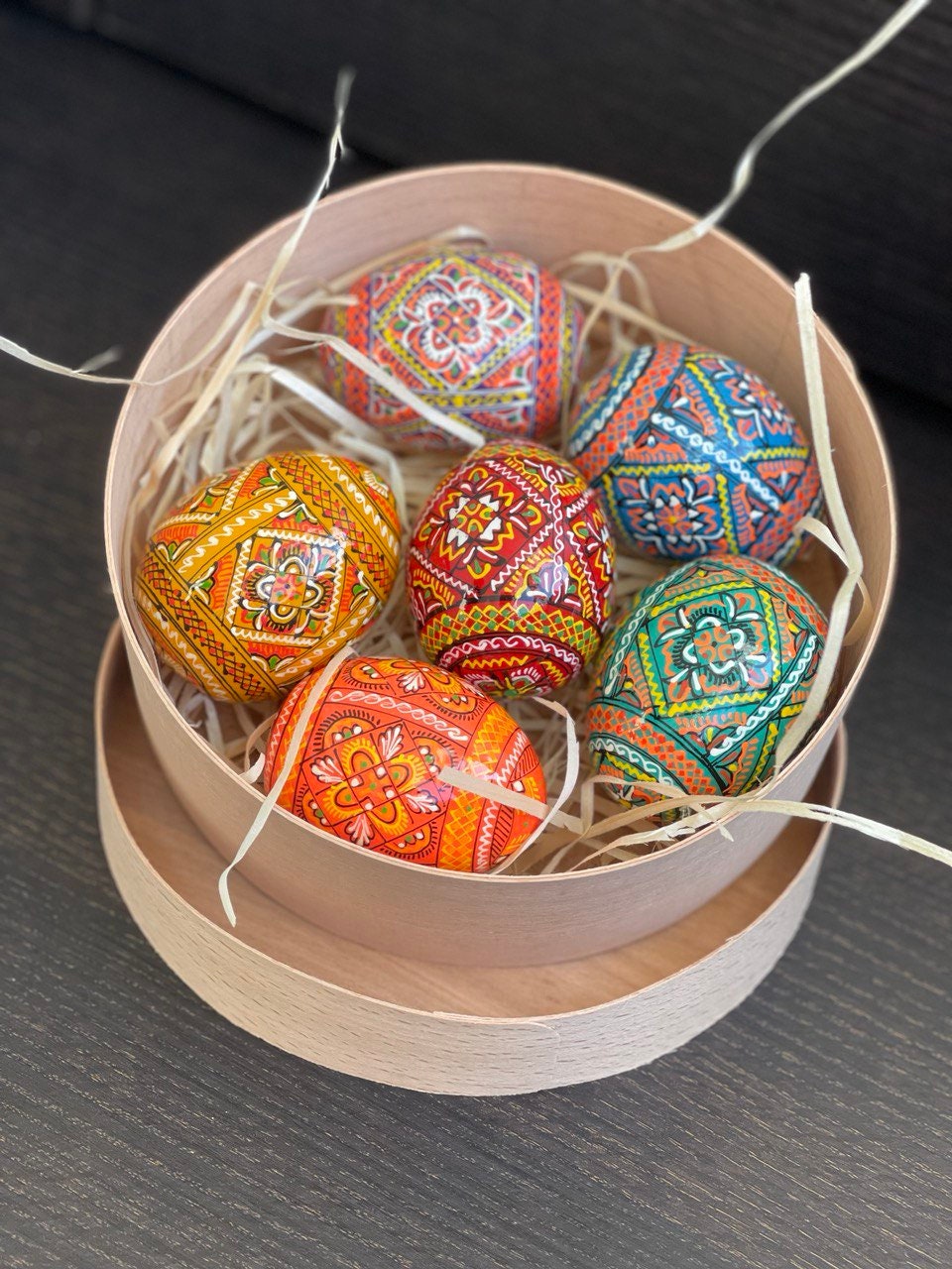 Set of 6 Hand-Painted Ukrainian Pysanky Wooden Eggs with Box - Traditional Easter Ornaments
