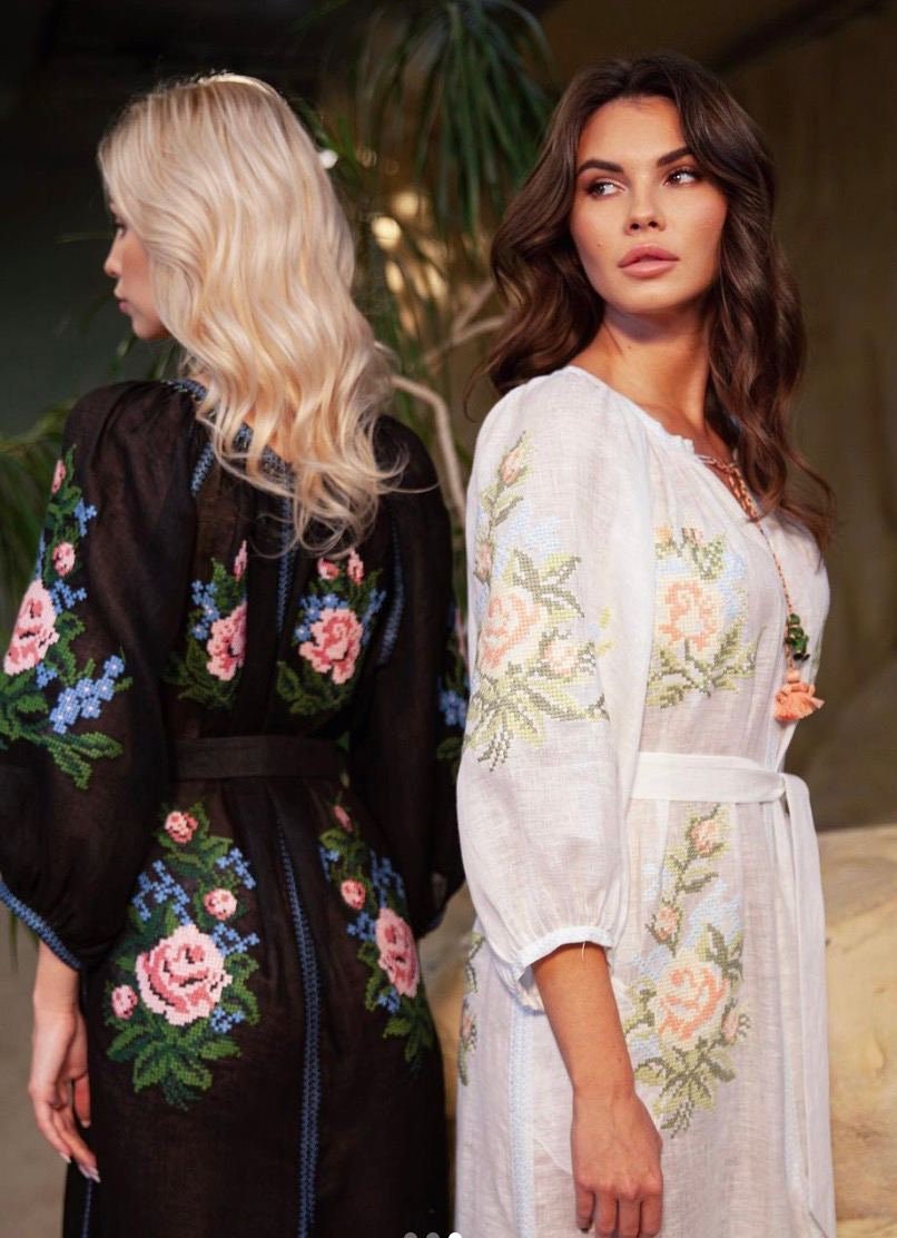 White Ukrainian Embroidered Linen Dress - Stylish Boho for Women and Girls