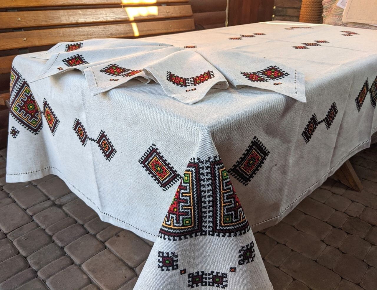 Handmade Ukrainian Embroidered Tablecloth 150x150 CM - Traditional Ethno Design