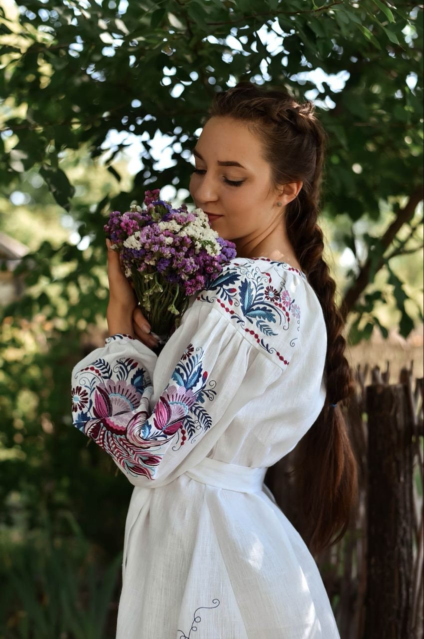 Ukrainian Vyshyvanka Linen Dress - White Embroidered Boho Style