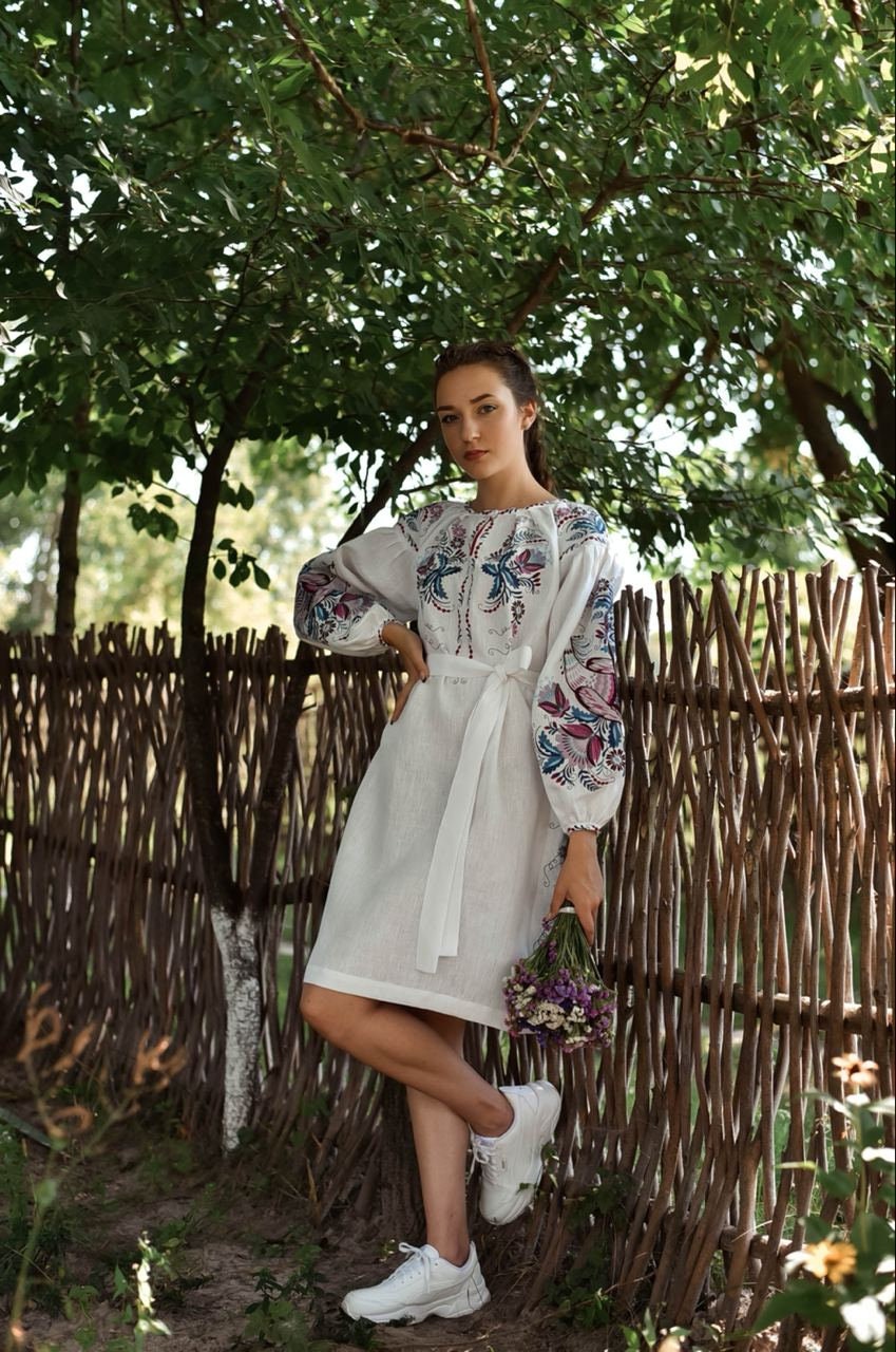 Ukrainian Vyshyvanka Linen Dress - White Embroidered Boho Style