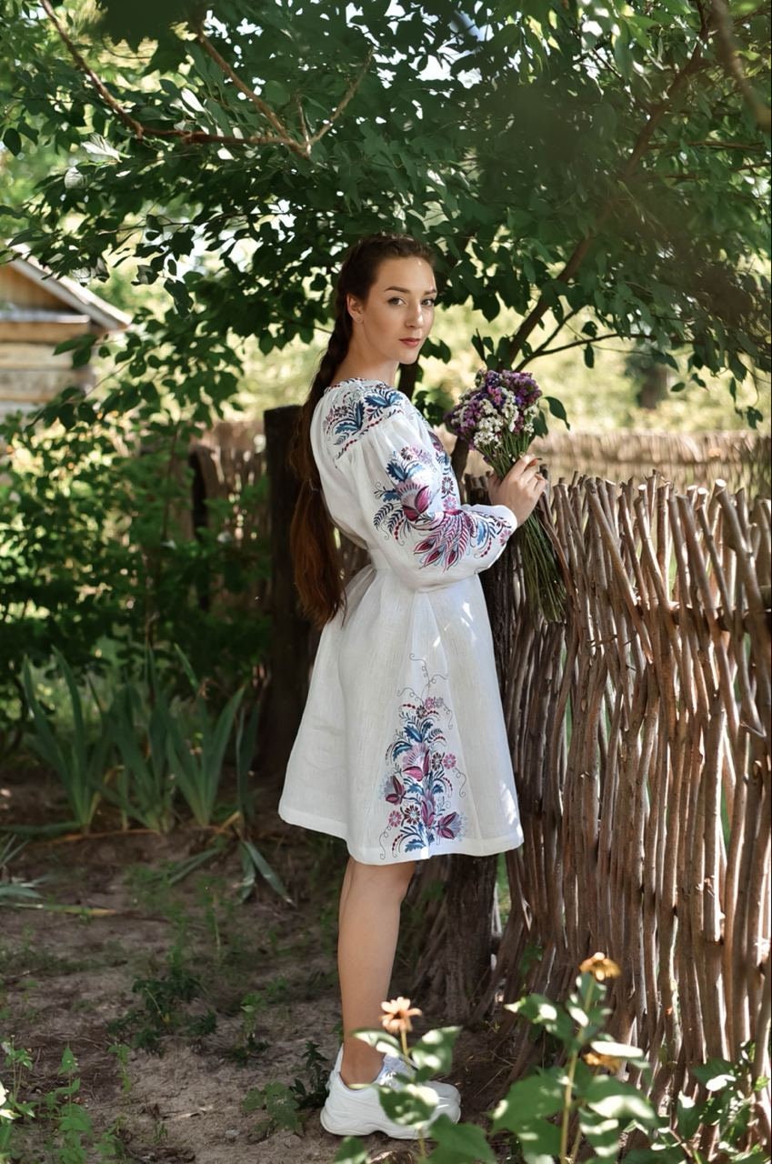 Ukrainian Vyshyvanka Linen Dress - White Embroidered Boho Style