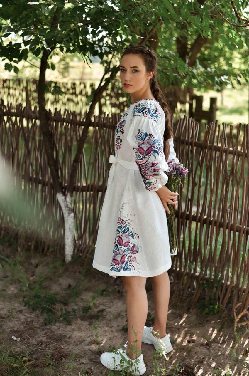 Ukrainian Vyshyvanka Linen Dress - White Embroidered Boho Style