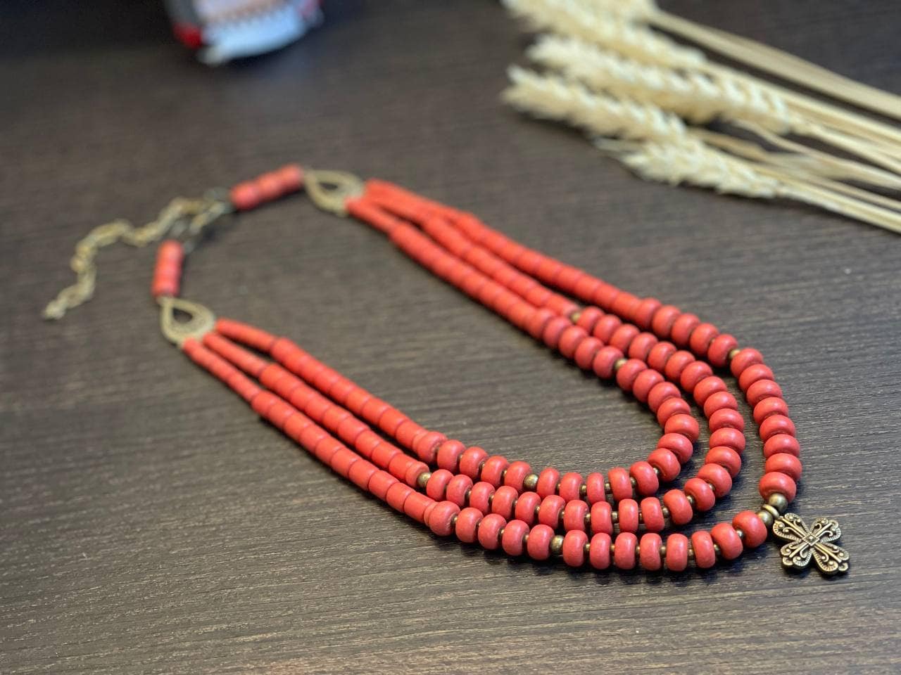 Ukrainian Traditional Necklace with Antique Fireplace Beads - Ethnic Ceramic Jewelry