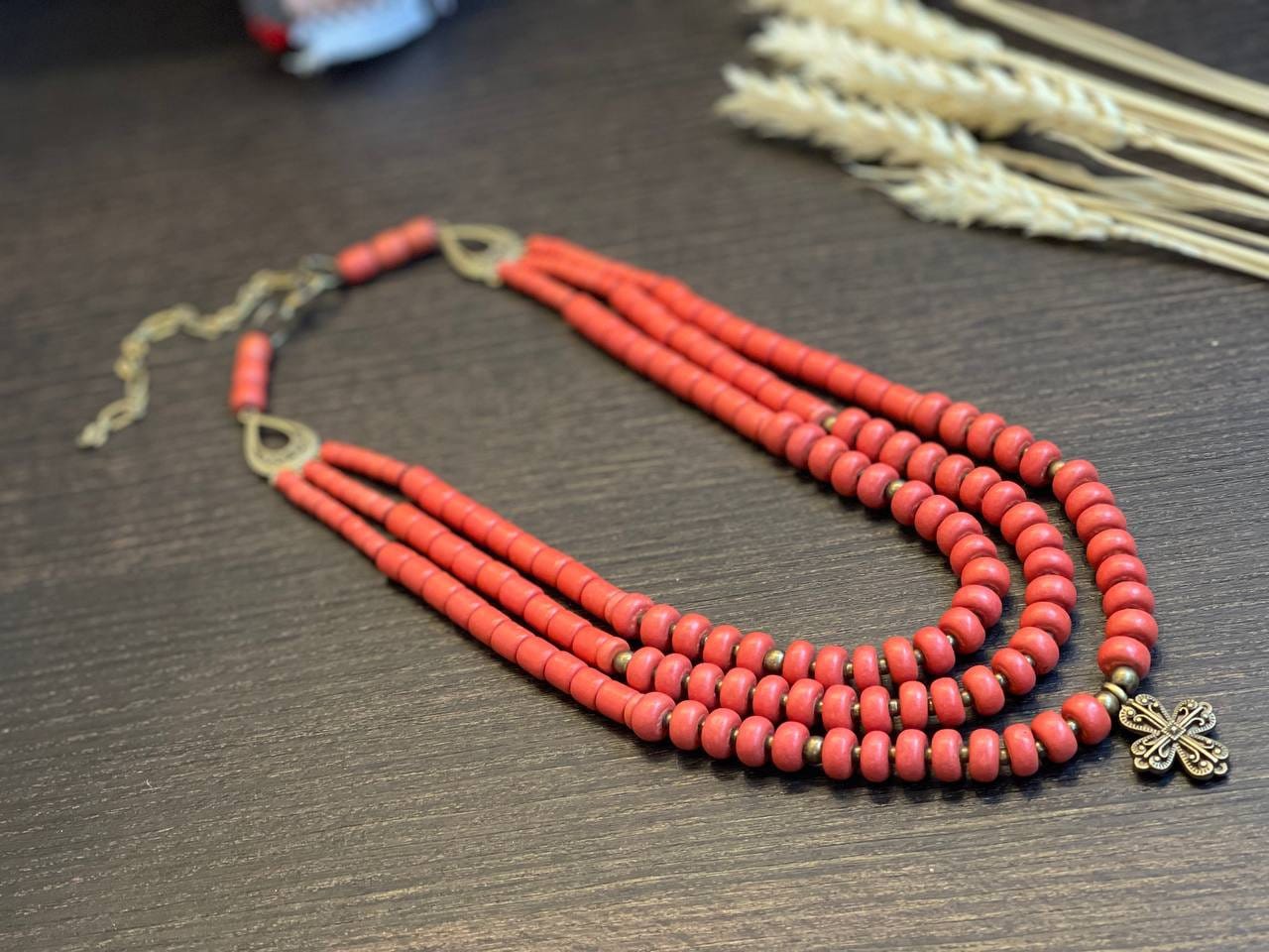 Ukrainian Traditional Necklace with Antique Fireplace Beads - Ethnic Ceramic Jewelry