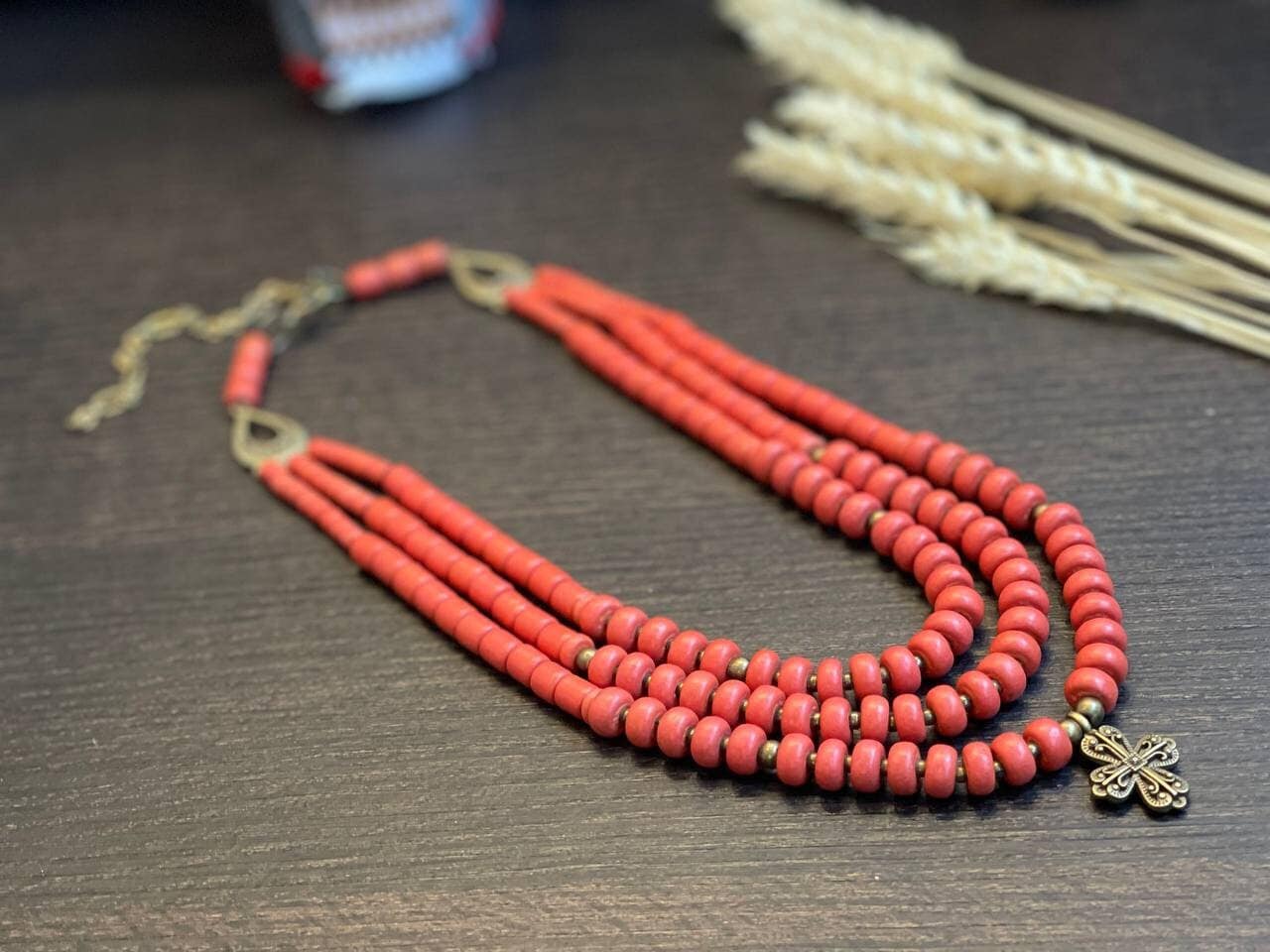 Ukrainian Traditional Necklace with Antique Fireplace Beads - Ethnic Ceramic Jewelry