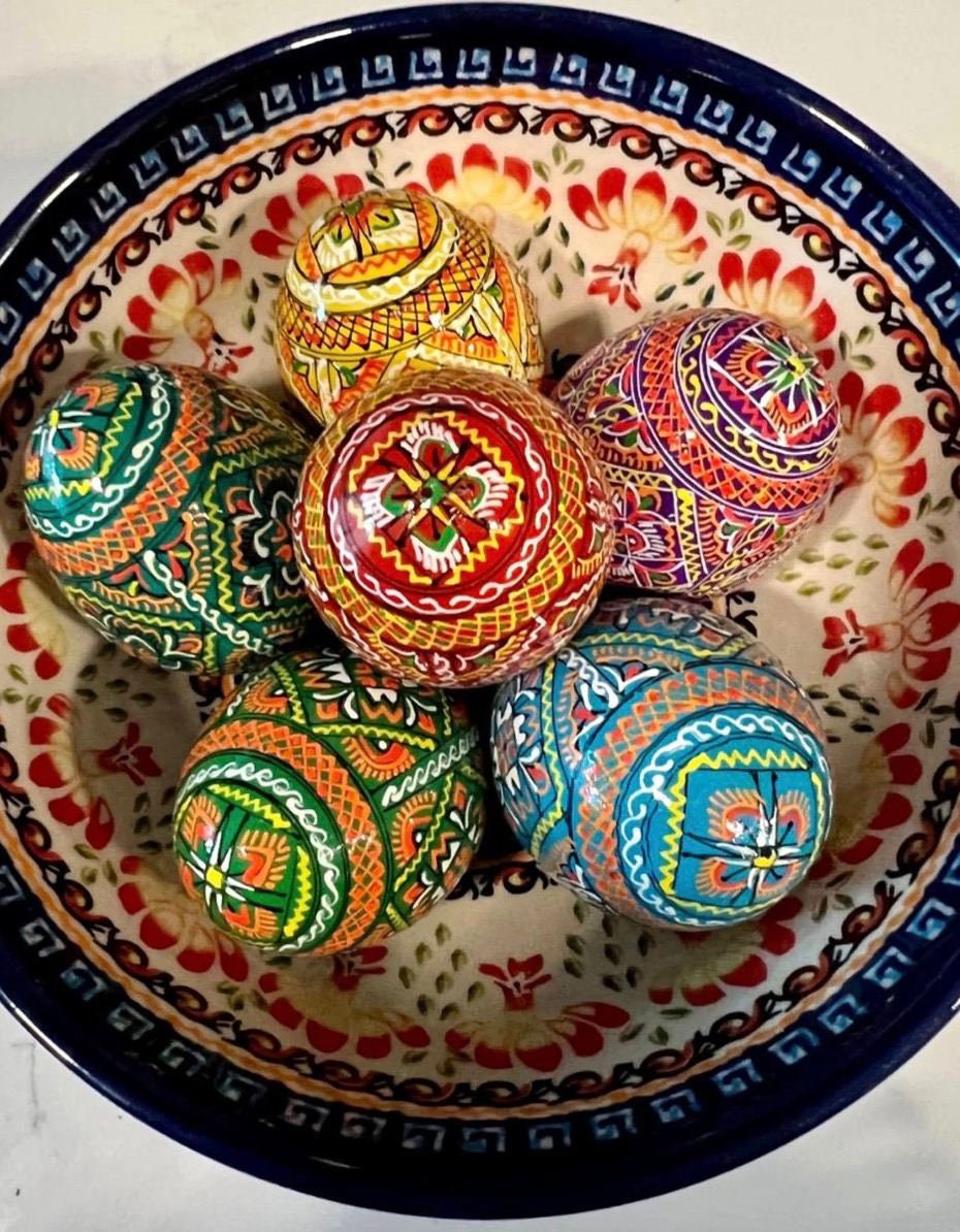 Set of 6 Hand-Painted Ukrainian Pysanky Wooden Easter Eggs - Traditional Ornament Souvenir