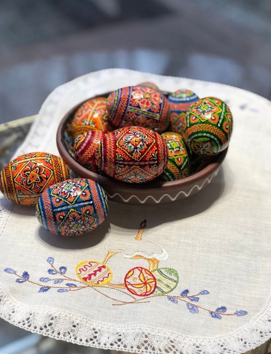 Handmade Pysanky Set of 6 - Traditional Ukrainian Painted Easter Eggs, Wooden Ornaments, Ukraine Souvenir