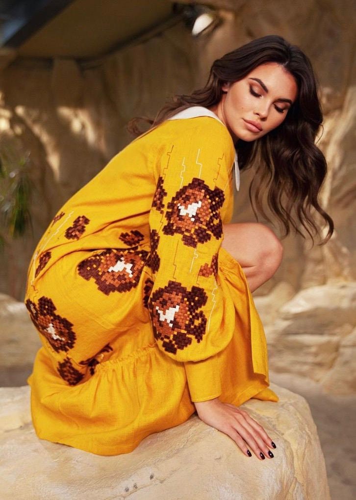 Yellow Linen Wedding Dress, Ukrainian Vyshyvanka Boho Style