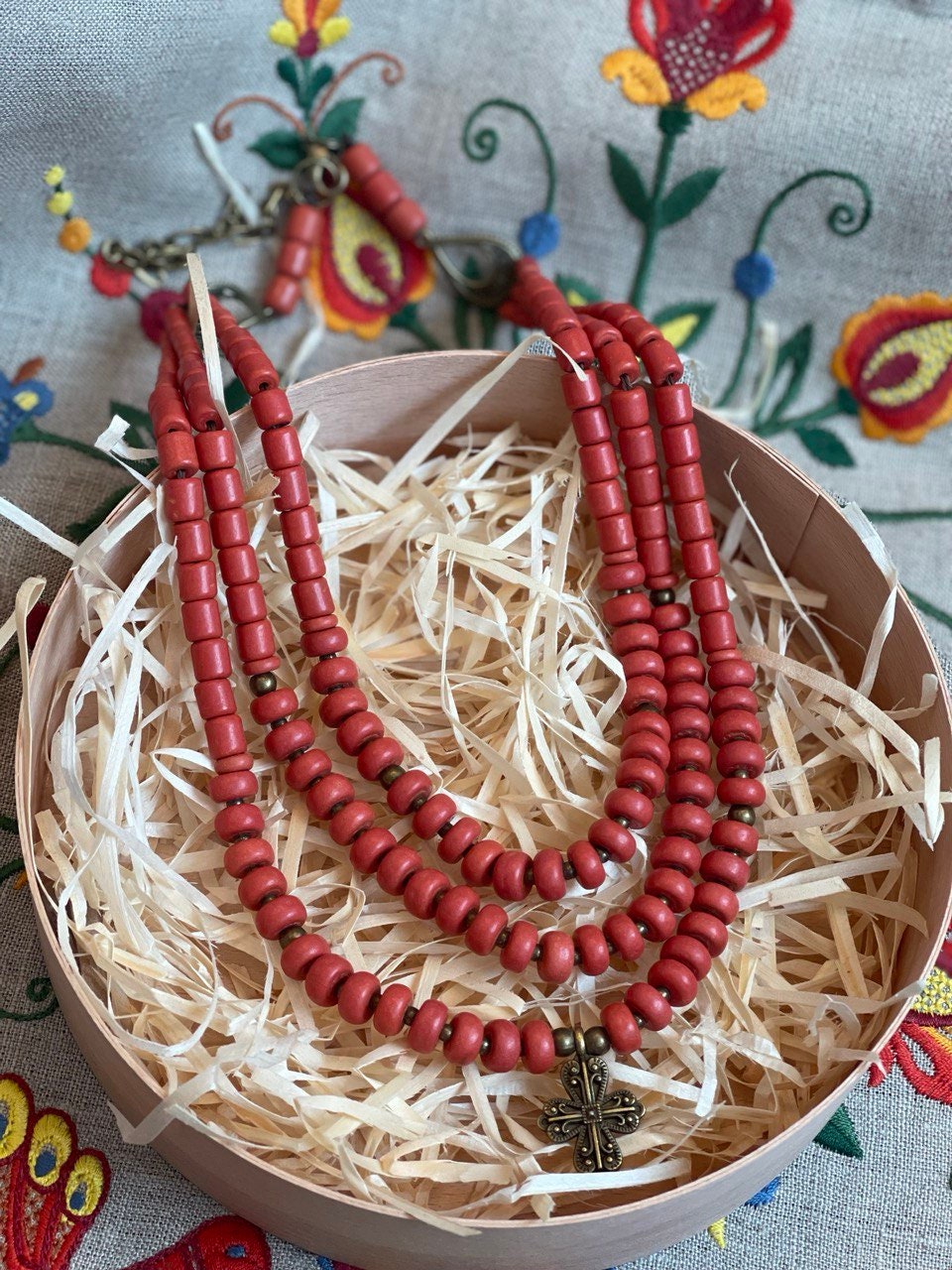 Red Ukrainian Traditional Necklace | Ethnic Ceramic Jewelry with Antique Beads